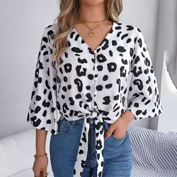 Женские весенне-осенние темпераментные рубашки с леопардовым принтом и v-образным вырезом с длинными рукавами, блузки S хаки