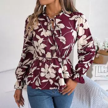 Женские весенне-осенние темпераментные рубашки с v-образным вырезом и длинным рукавом с принтом перьев, блузки S фиолетовый