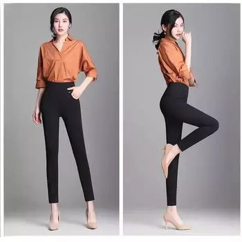 Женские весенне-осенние тонкие брюки с девятью завышенной талией, верхняя одежда, большие эластичные брюки большого размера XXXXXL чёрный