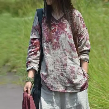 Женские весенне-осенние топы с цветочным принтом и v-образным вырезом, свободные футболки из хлопка и льна с длинными рукавами