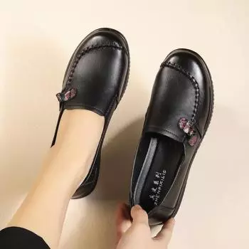 Женские весенне-осенние туфли из натуральной кожи для женщин среднего и пожилого возраста. Удобная мягкая подошва для мам, нескользящая, на плоской подошве. 35 чёрный