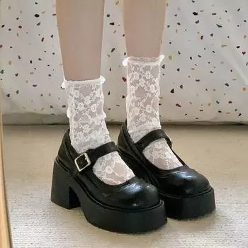 Женские весенне-осенние туфли Мэри Джейн на высоком каблуке с толстой подошвой и рюшами в консервативном стиле, студенческая обувь, кожаная обувь 40 чёрный