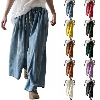 Женские весенне-осенние винтажные джинсовые широкие брюки из стираного денима, художественные свободные брюки-юбки, укороченные брюки для похудения One Size чёрный