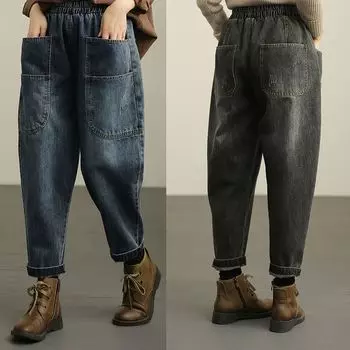 Женские весенне-осенние винтажные джинсы с эластичной резинкой на талии, свободные широкие брюки, прямые брюки с высокой талией для двора XXXXL чёрный