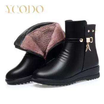 Женские весенне-зимние ботинки с мягкой подошвой, нескользящие, удобные и теплые кожаные ботинки большого размера 42 чёрный