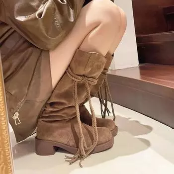 Женские весенне-зимние женские сапоги трендовые замшевые повседневные сапоги с кисточками женские сапоги длиной до колена женские сапоги Large43 Botas Mujer 35 хаки