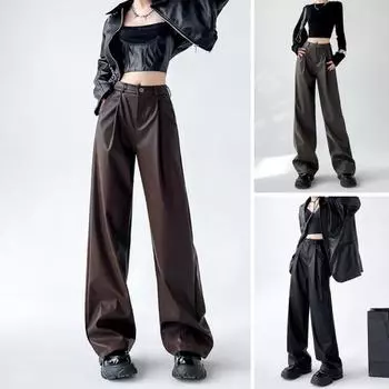 Женские весенние брюки с высокой талией, широкие брюки из искусственной кожи с карманами, однотонные S хаки
