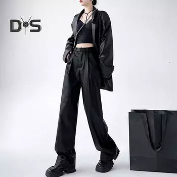 Женские весенние брюки с высокой талией, широкие брюки из искусственной кожи с карманами, однотонные прямые широкие брюки S коричневый