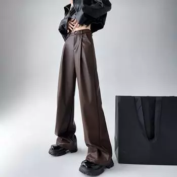 Женские весенние брюки с высокой талией, широкие брюки из искусственной кожи с карманами, однотонные S чёрный