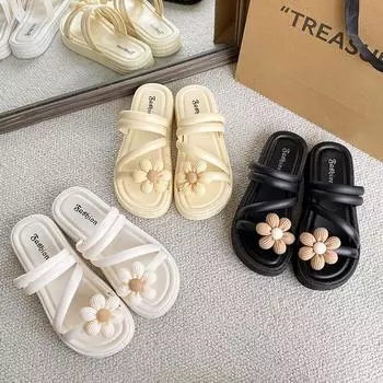 Женские весенние цветочные однотонные мягкие уличные тапочки на лето повседневные толстые плоские нескользящие грушевидные пляжные сандалии обувь 36-41 36-37(one size smaller)