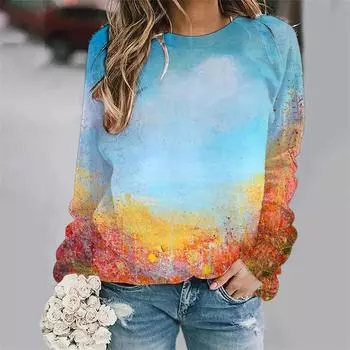 Женские весенние футболки с длинным рукавом, 3D-принт с масляной живописью, пуловеры, топы, модные повседневные футболки с круглым вырезом и графическим принтом, женская одежда S