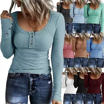 Женские весенние футболки с длинными рукавами в рубчик на пуговицах, повседневные винтажные топы в корейском стиле, облегающие тонкие трикотажные футболки с круглым вырезом S белый