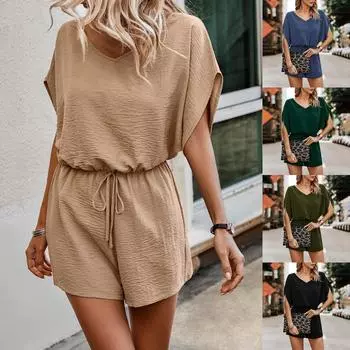 Женские весенние и летние модные однотонные повседневные женские цельные шорты с v-образным вырезом