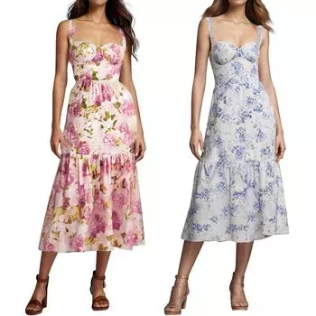 Женские весенние и летние новые однотонные однотонные платья в сладком и пряном стиле с цветочным принтом L синий