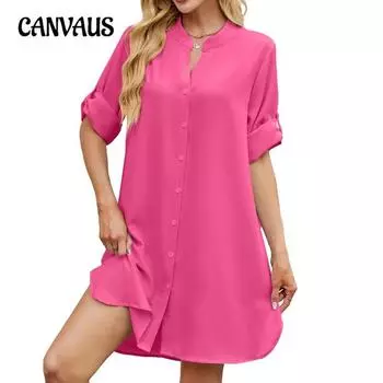 Женские весенние и летние новые однотонные свободные платья-рубашки с рукавами средней длины и застежкой на пуговицы для женщин S чёрный