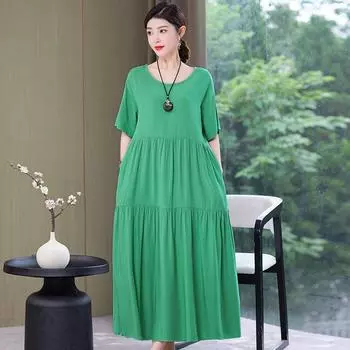 Женские весенние и летние платья с короткими рукавами, винтажные платья больших размеров, свободные однотонные платья с круглым вырезом, платья средней длины 6XL