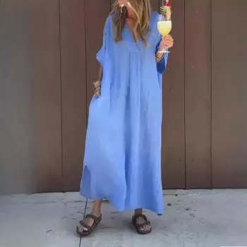 Женские весенние и летние повседневные однотонные длинные платья, элегантные вечерние платья с V-образным вырезом и карманами, свободные бохо с коротким рукавом XXXXXL чёрный