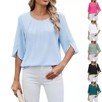 Женские весенние и летние топы, модные женские свободные однотонные топы с круглым вырезом, завязками на рукавах, свободные шифоновые топы-рубашки L чёрный