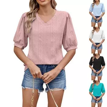 Женские весенние и летние топы, модные женские свободные однотонные футболки с V-образным вырезом и коротким рукавом XXL
