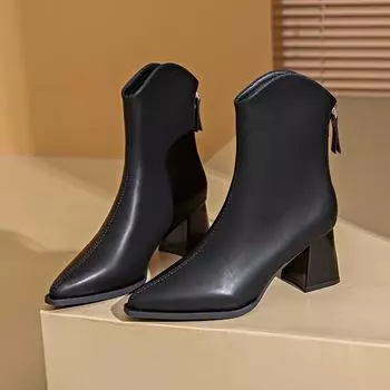 Женские весенние и осенние ботинки 2024 года, новые, с острым носком, большие, удобные и теплые, кожаные, с молнией сзади, модные ботинки для женщин 34