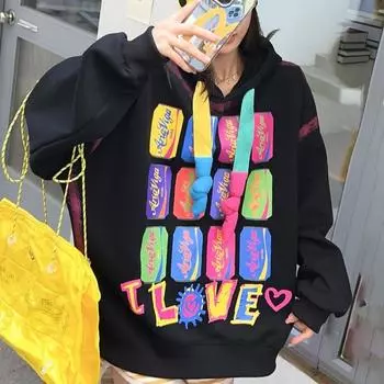 Женские весенние и осенние хлопковые трендовые граффити толстовки Y2k с капюшоном свитшот Топы Повседневные топы с длинным рукавом Оверсайз Верхняя одежда Уличная одежда One size чёрный