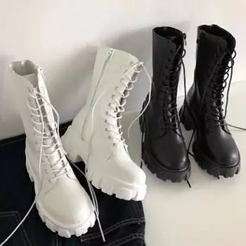 Женские весенние и осенние модели больших размеров, однотонные, на молнии, с утолщенной подошвой, с короткими сапогами до середины икры, увеличивающие рост 43