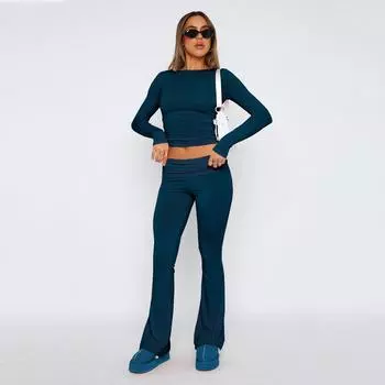 Женские весенние и осенние модные повседневные комплекты из 2 предметов: укороченные топы с длинными рукавами и круглым вырезом, а также расклешенные длинные брюки с заниженной талией, комплекты для отдыха XXS темно-синий