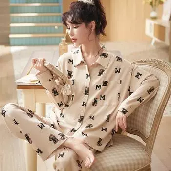 Женские весенние и осенние новые хлопковые брюки с длинными рукавами, милые пижамы, милое домашнее платье, кардиган, костюм M белый