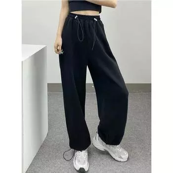 Женские весенние и осенние однотонные спортивные штаны с высокой талией и завязками на завязках, свободные повседневные спортивные штаны XL чёрный