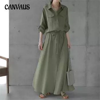 Женские весенние и осенние платья с лацканами и длинными рукавами, повседневные однотонные длинные платья-рубашки S армия зеленый