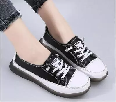 Женские весенние кроссовки 2024 года, новые трендовые женские туфли из натуральной кожи, повседневные туфли на плоской подошве со шнуровкой для девочек и студентов 35 чёрный