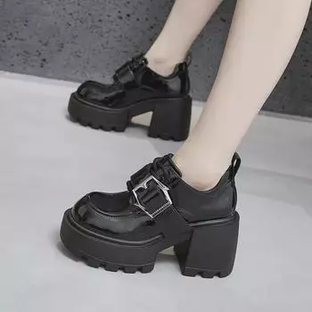 Женские весенние лоферы на толстой подошве 2025 года — кожаные туфли в британском стиле на высоком каблуке с внутренней отделкой 34 чёрный