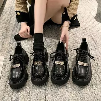 Женские весенние лоферы на толстой подошве со шнуровкой «бисквит», маленькие черные кожаные туфли на толстом каблуке, на высоком каблуке с замком 35
