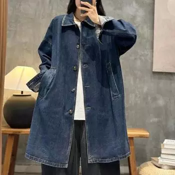 Женские весенние модные джинсовые тренчи больших размеров для отдыха, винтажные свободные классические ветровки, женские длинные пальто One size синий