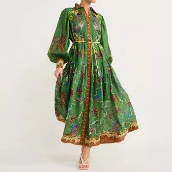 Женские весенние модные платья в стиле бохо с принтом, завязками, высокой талией, длинными рукавами, V-образным вырезом и талией L