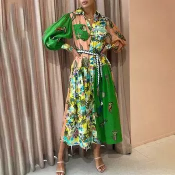 Женские весенние модные платья в стиле бохо с принтом, завязками, высокой талией, длинными рукавами, V-образным вырезом и талией M зелёный