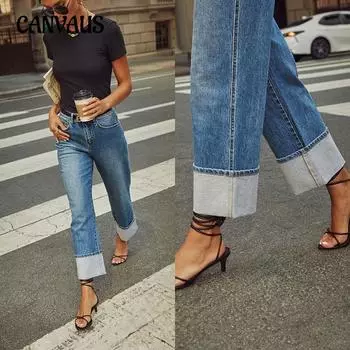 Женские весенние новые эластичные прямые джинсы качественные модели ретро-подвернутые брюки с высокой талией S темно-синий