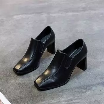 Женские весенние новые корейские туфли с квадратным носком и глубоким носком на высоком каблуке с толстым каблуком 34 чёрный