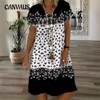 Женские весенние новые повседневные платья больших размеров с коротким рукавом и цветочным принтом XL чёрный
