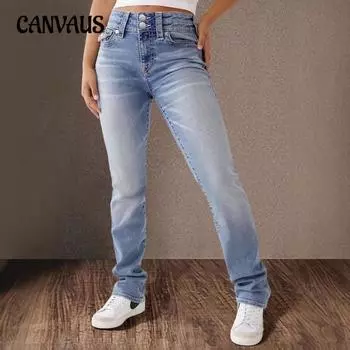 Женские весенние новые прямые джинсы с двойной пуговицой и средней талией, узкие брюки в стиле темперамент S светло-синий