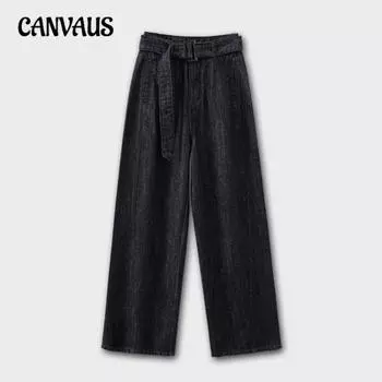 Женские весенние новые ремни с высокой талией, свободные, повседневные, узкие, прямые, широкие брюки в стиле ретро из денима S чёрный/серый