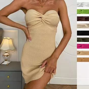 Женские весенние платья без бретелек без рукавов, однотонные, тонкие, эластичные, с крестом S чёрный