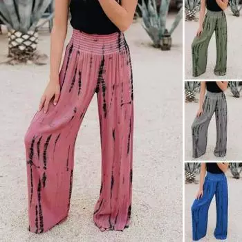 Женские весенние повседневные длинные эластичные брюки с высокой талией и принтом, широкие брюки с завязками и широкими штанинами L зелёный