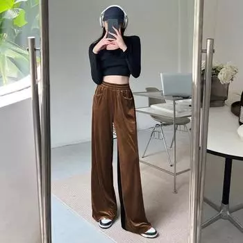 Женские весенние повседневные длинные брюки с высокой эластичной резинкой на талии и карманами, однотонные широкие брюки с драпировкой, уличная одежда 2XL коричневый