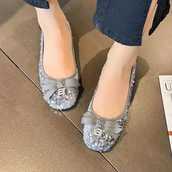 Женские весенние повседневные туфли-бобовые с круглым носком, блестящие бабочки, банты, низкий каблук, неглубокий носок, ленивые туфли на плоской подошве 35