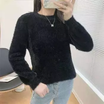 Женские весенние пуловеры из норковой шерсти, однотонные, женские, эластичные, повседневные, с круглым вырезом, длинными рукавами-фонариками, трикотажные топы one size фиолетовый