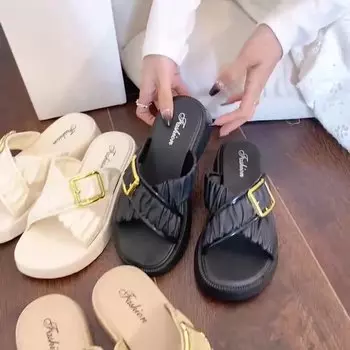 Женские весенние сандалии на толстой подошве, однотонные, летние, повседневные, с плоской подошвой, нескользящие, пляжные тапочки, размер 36-41 36-37(one size smaller)