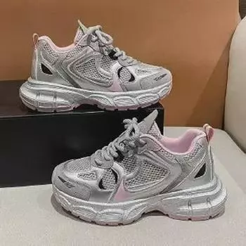 Женские весенние серебряные сетчатые кроссовки Dad 2024 года — круглый носок, толстая подошва, модная и повседневная спортивная обувь 39 серебряный серый