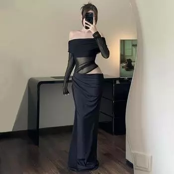 Женские весенние сексуальные платья Pure Lust на одно плечо с сетчатым принтом и длинными рукавами S чёрный