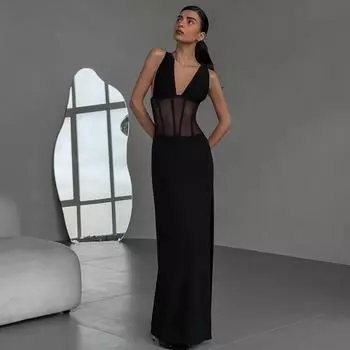 Женские весенние сексуальные платья с V-образным вырезом Spice Mesh Splicing с высокой талией и узкими разрезами S чёрный